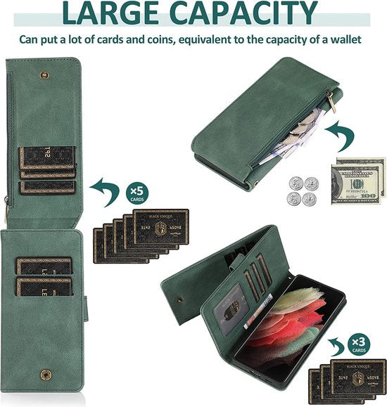 Samsung Galaxy S22 Ultra Hoesje - Groen - Extra Stevige Luxe Bookcase met Rits en Vakken