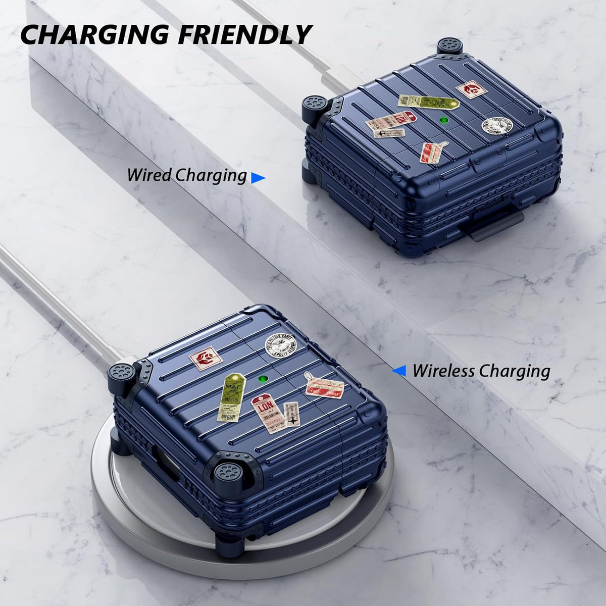 Apple AirPods 4 Hoesje - Koffer Suit Case met Stickers - Blauw
