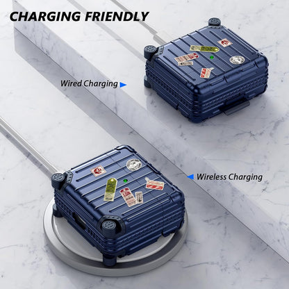 Apple AirPods 4 Hoesje - Koffer Suit Case met Stickers - Blauw