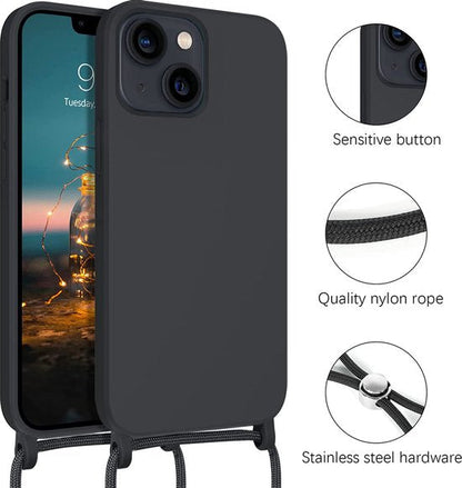 Apple iPhone 14 Pro Hoesje - Zwart - Siliconen Back Cover met Telefoonkoord