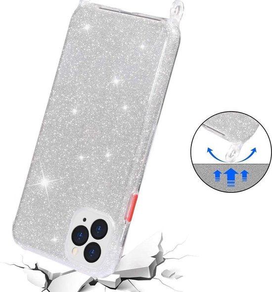 Apple iPhone 12 Pro Max Hoesje - Zilver - Glitter Back Cover met Telefoonkoord