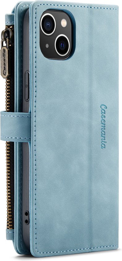 Apple iPhone 14 Hoesje - Aqua Blue - Luxe Bookcase met Rits en Telefoonkoord