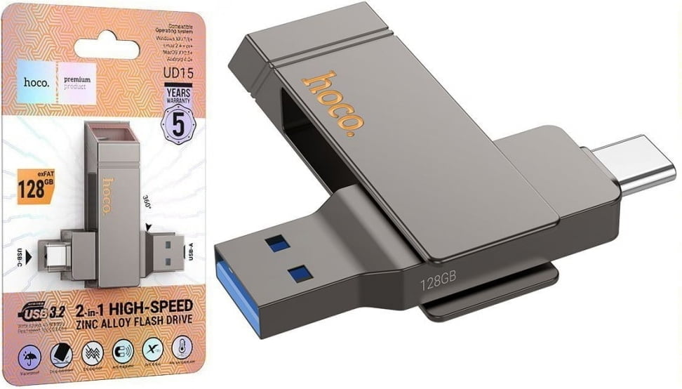Hoco Super-Fast 2-in-1 USB Stick 128GB - USB-C & High-Speed USB 3.0 Flash Drive