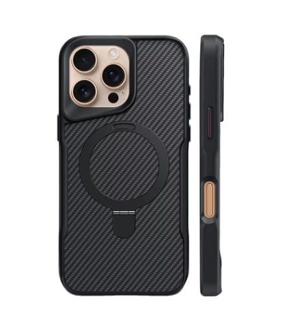 Apple iPhone 16 Pro Hoesje - Zwart - Luxe Carbon MagSafe Back Cover met Camerabescherming