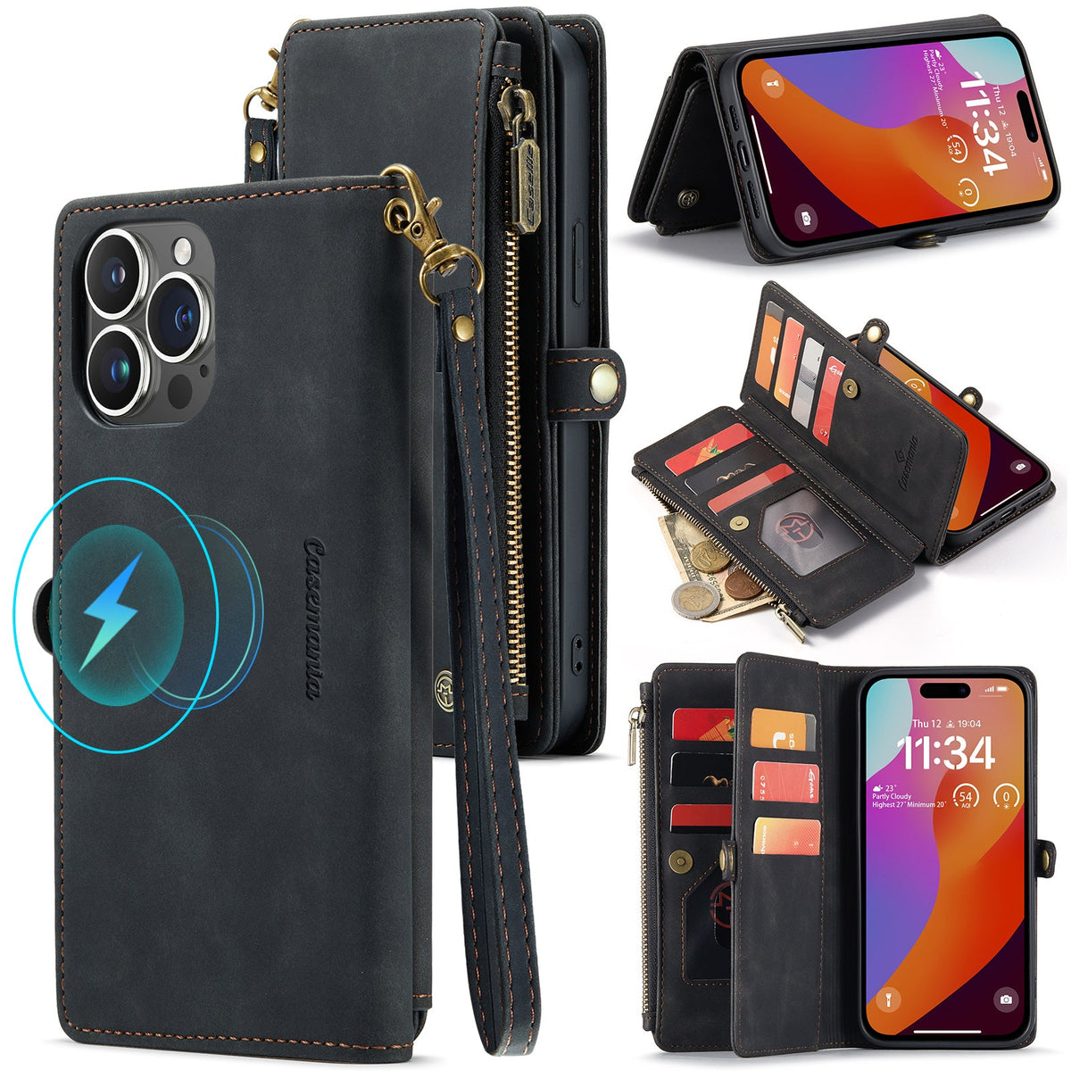 Apple iPhone 15 Hoesje - Charcoal Gray - Luxe MagSafe Bookcase met Rits en Telefoonkoord