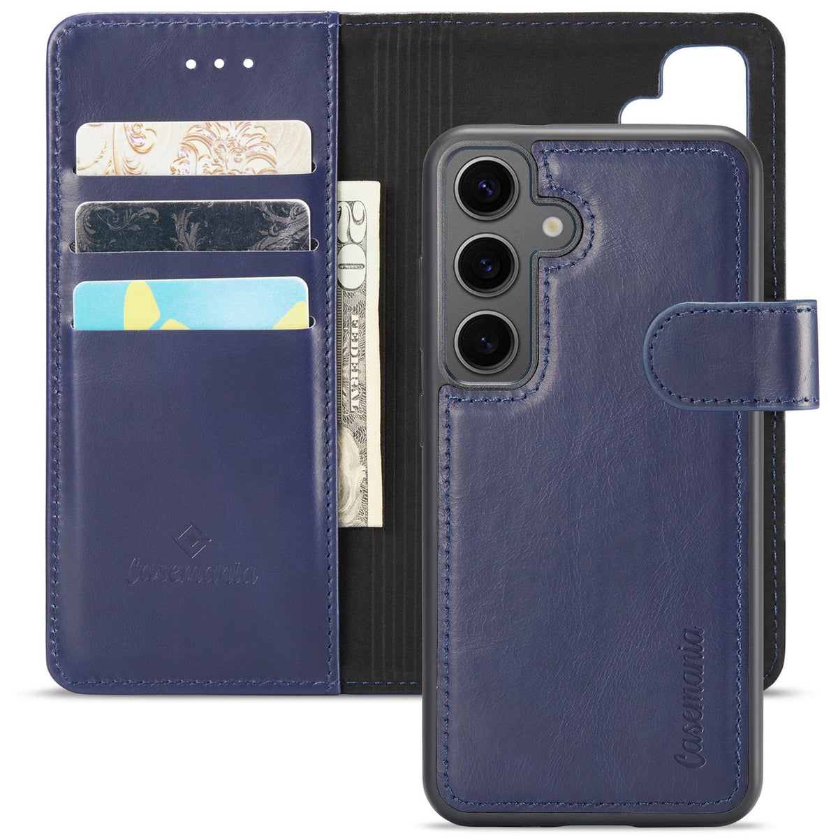 Samsung Galaxy S24 Case - Navy Blue - Genuine Leather 2-in-1 Wallet Case