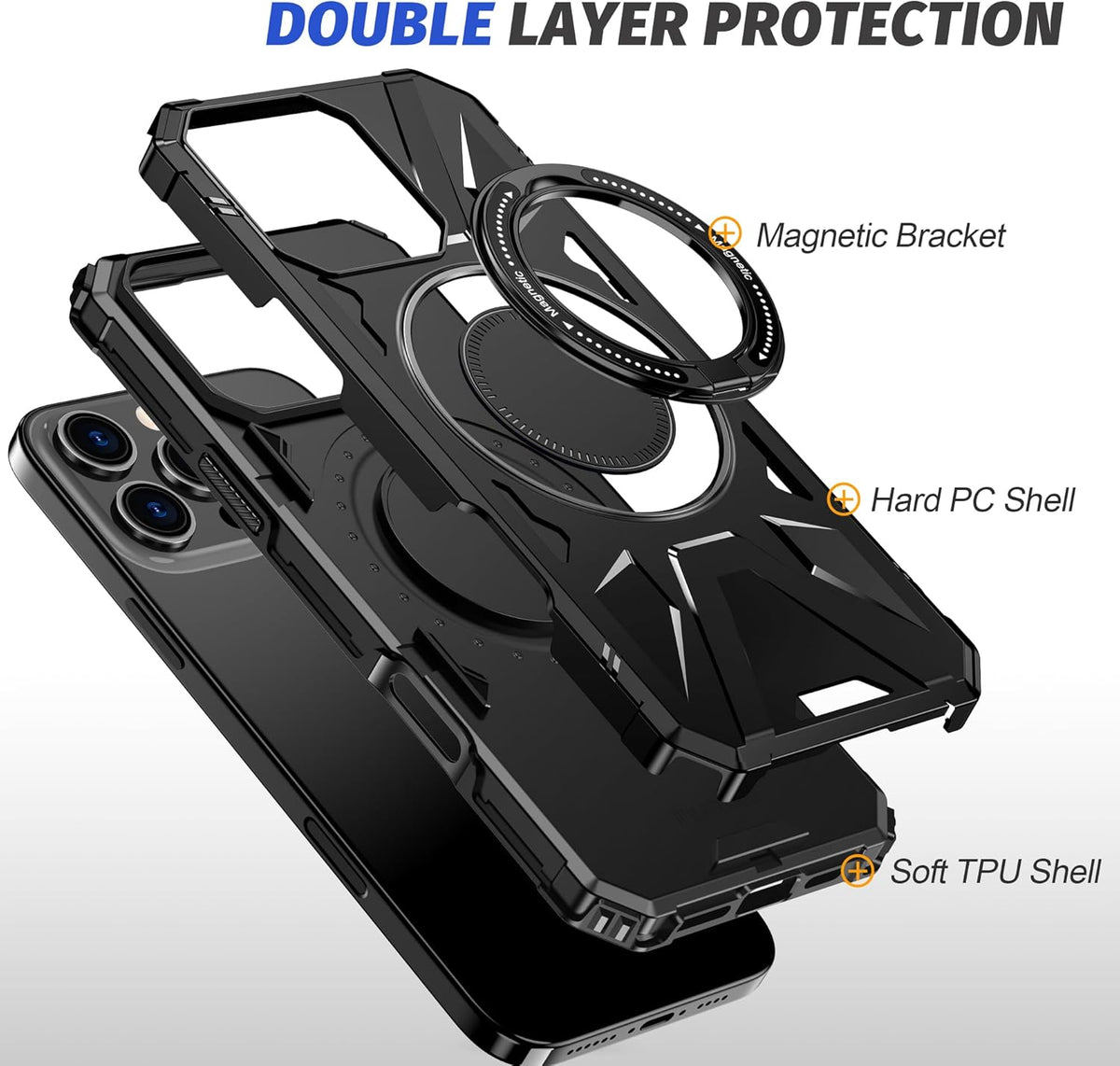 Apple iPhone 16 Pro Hoesje - Zwart - Ring Kickstand MagSafe Back Cover
