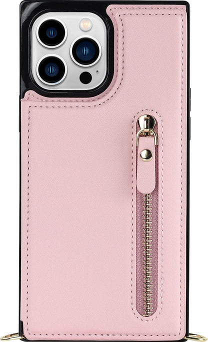 Apple iPhone 15 Pro Hoesje - Roze - Luxe Back Cover met Telefoonkoord en Rits