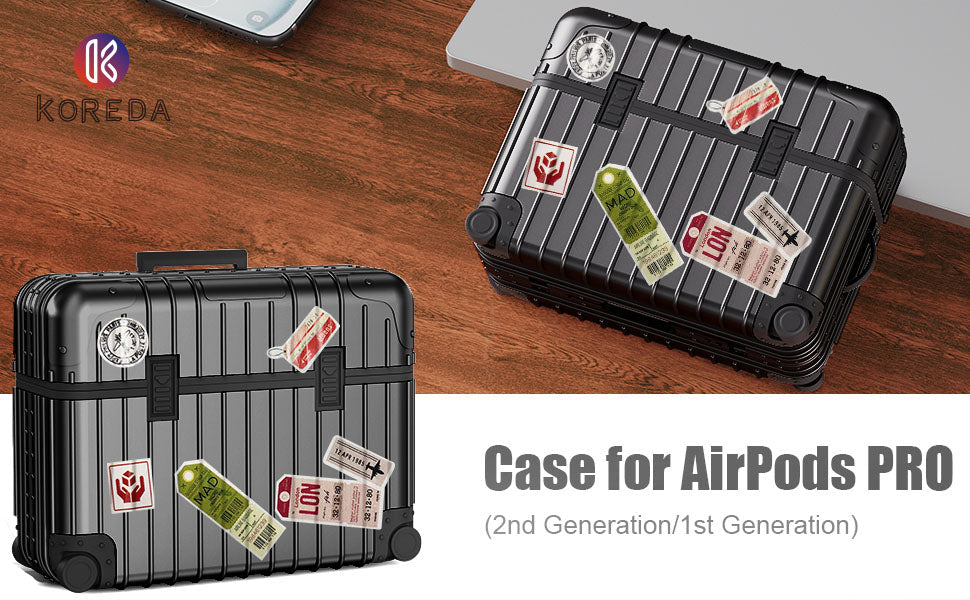 Apple AirPods Pro 2 / Pro Hoesje - Koffer Suit Case met Stickers - Zwart