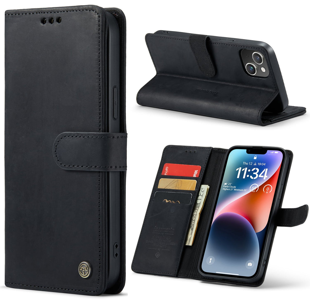 iPhone 14 Plus Hoesje - Zwart - Echt Leren Bookcase