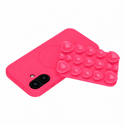 Apple iPhone 16 Hoesje - Neon Roze - Siliconen Back Cover met Afneembare Hartjes Zuignappen