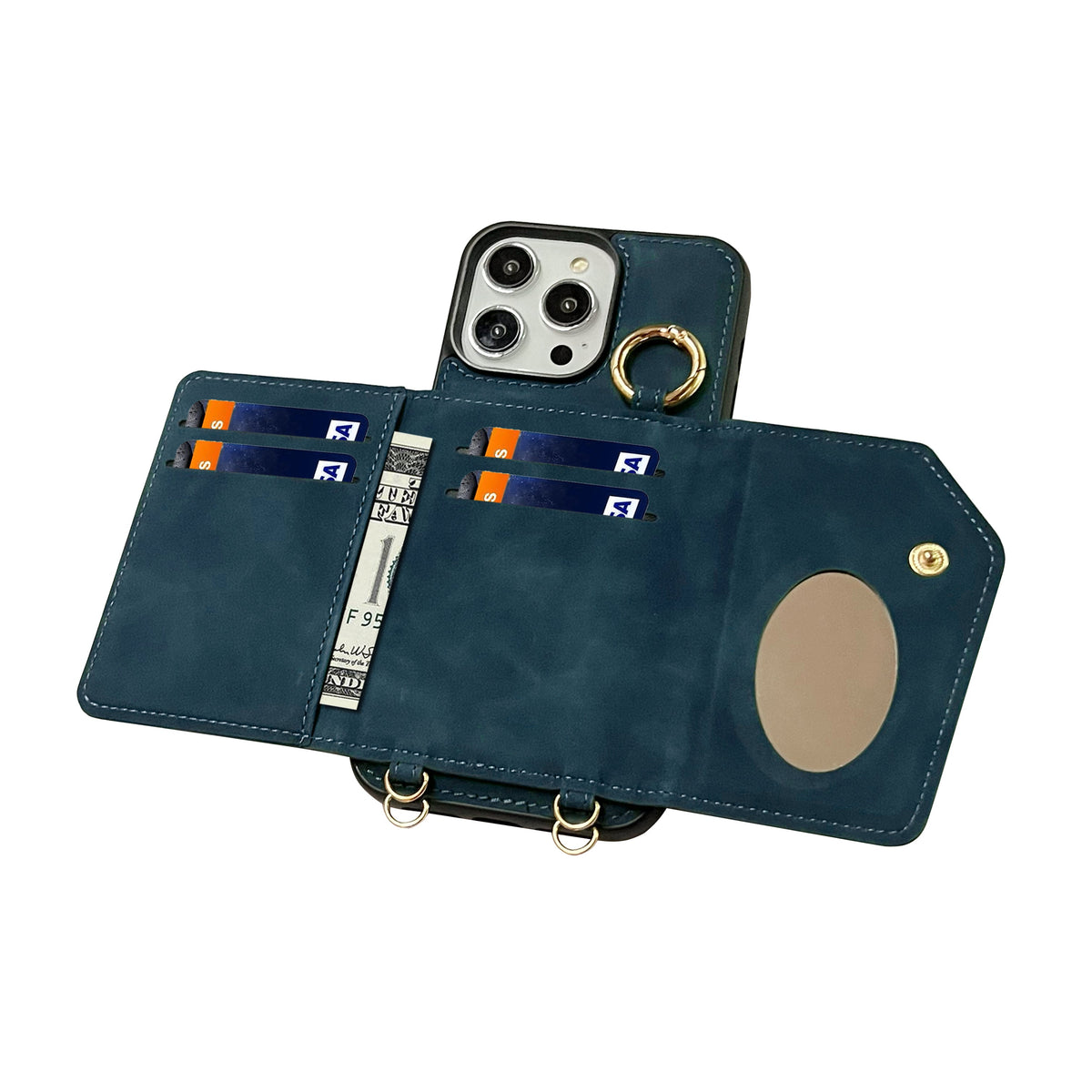 Apple iPhone 16 Pro Max Hülle - Navy Blue - Luxus-Klapphülle mit Kartenfach, Spiegel und Handykette