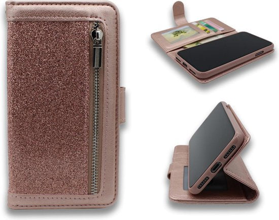 Samsung Galaxy A21s Hoesje - Roségoud - Glitter Luxe Bookcase met Rits