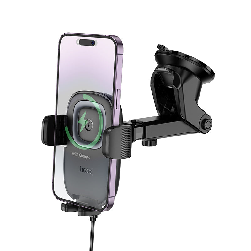 Hoco Telefoonhouder met Zuignap & Draadloos Opladen - Universeel Auto GSM Houder met Clamp