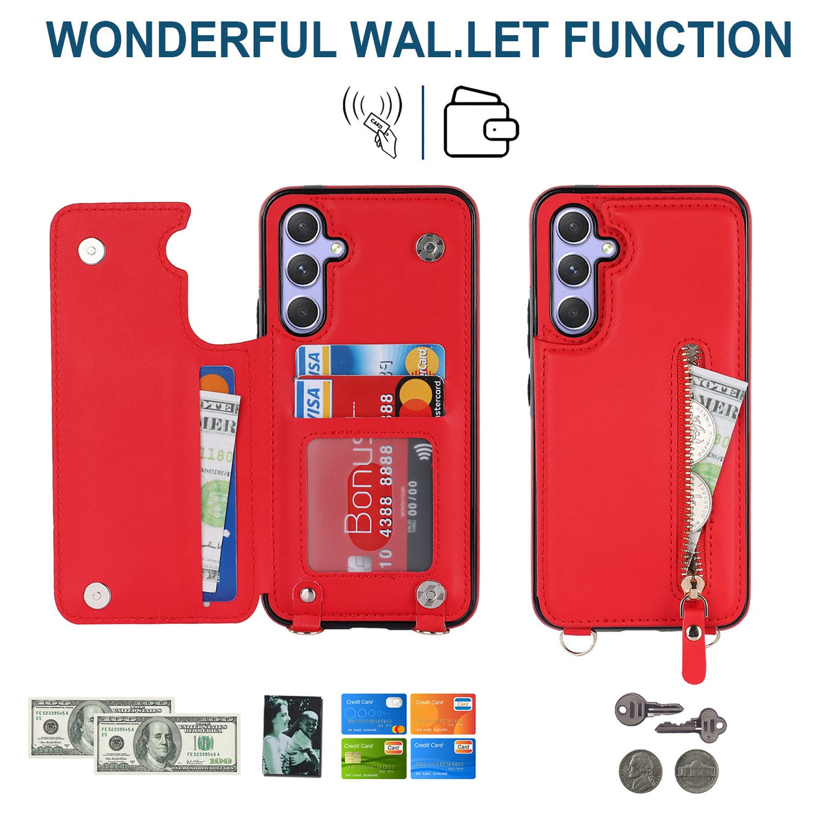 Samsung Galaxy A54 Case - Red - Luxury Back Cover with Phone Strap and Zipper