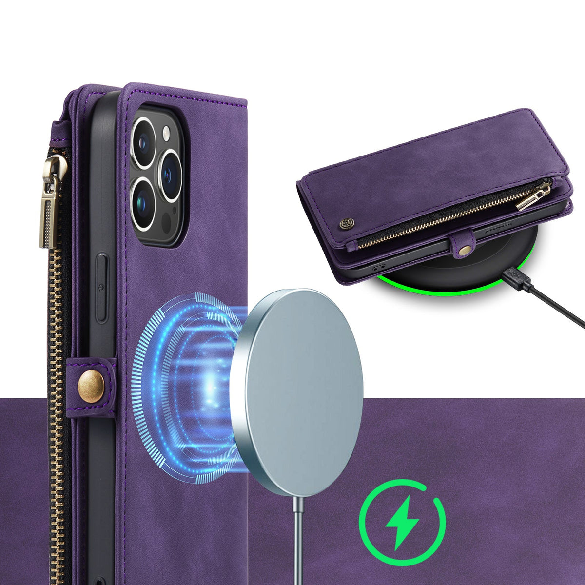 Apple iPhone 15 Pro Max Hoesje - Dark Purple - Luxe MagSafe Bookcase met Rits en Telefoonkoord