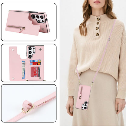 Samsung Galaxy S23 Ultra Hülle - Pink - Luxuriöses Back Cover mit Handyband und Reißverschluss