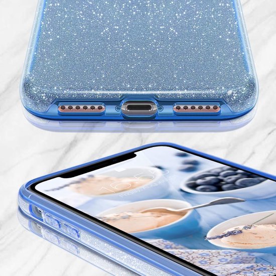 Apple iPhone 12 Hoesje - Blauw - Glitter Back Cover