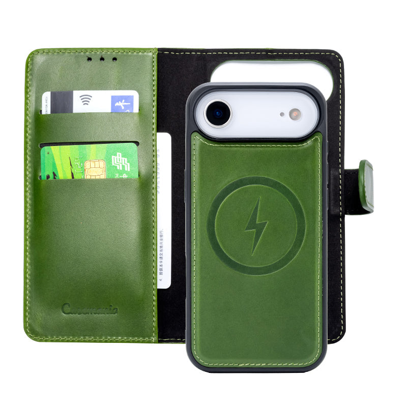 Apple iPhone Air Hoesje - Olive Green - Echt Leren MagSafe Bookcase