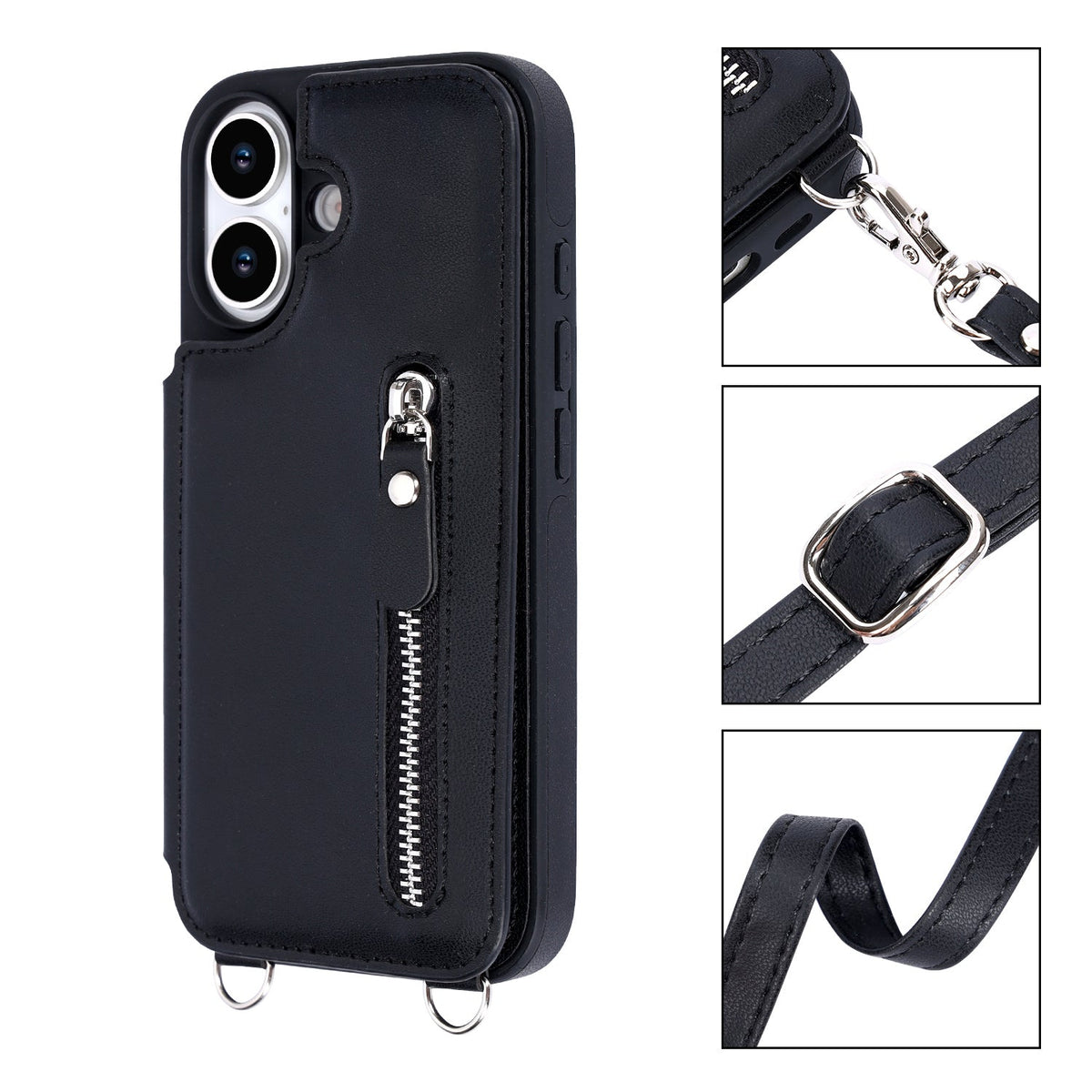 iPhone 17 Hülle – Schwarz – Luxuriöses Backcover mit Handyband und Reißverschluss
