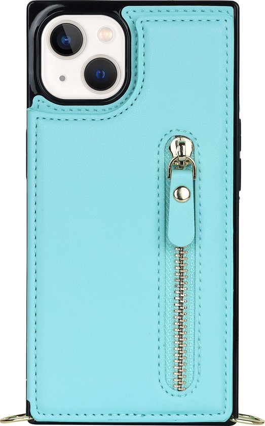 Apple iPhone 14 Case - Turquoise - Luxury Back Cover with Phone Strap and Zipper