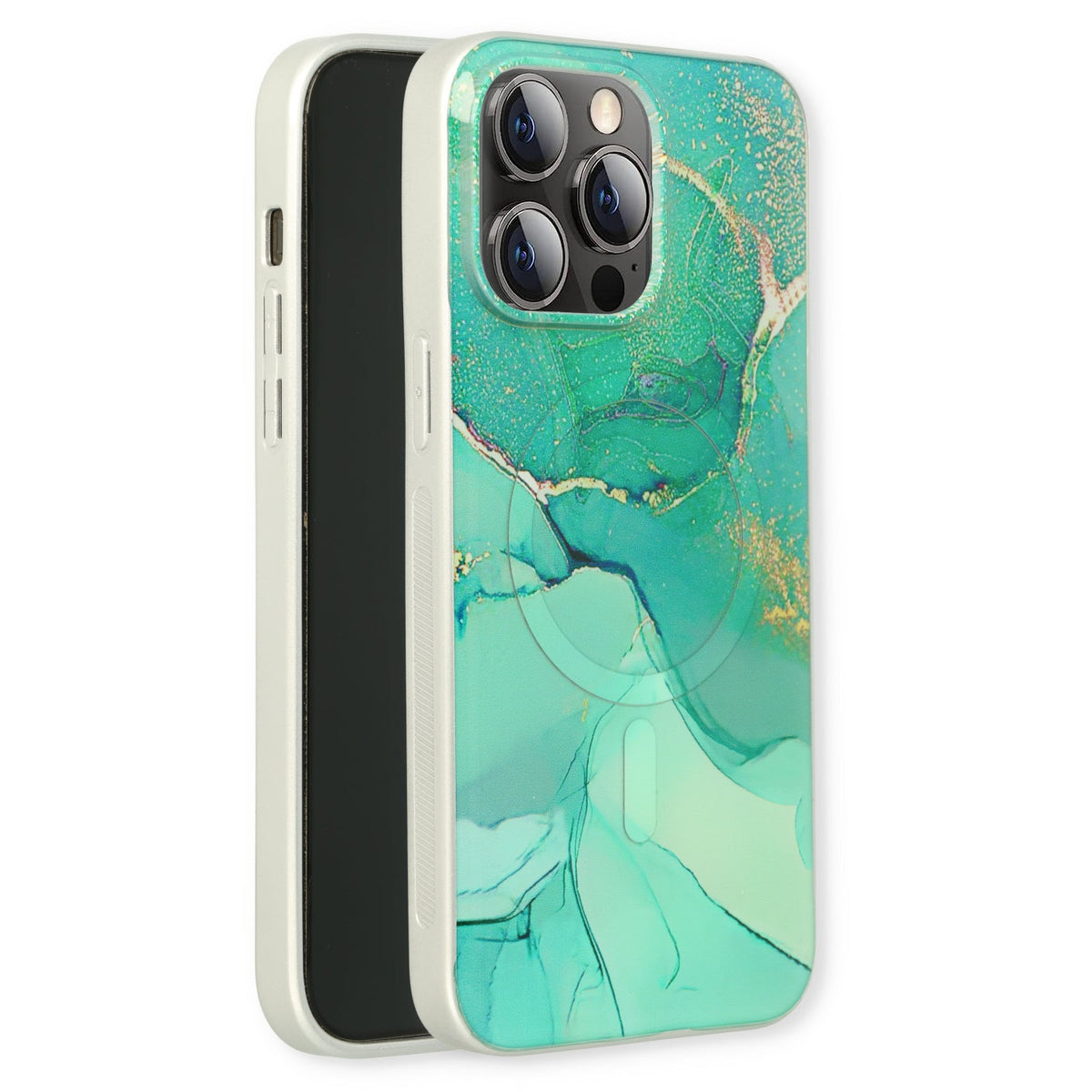 Apple iPhone 15 Pro Max Hoesje - Blauw - Siliconen Marmer MagSafe Back Cover