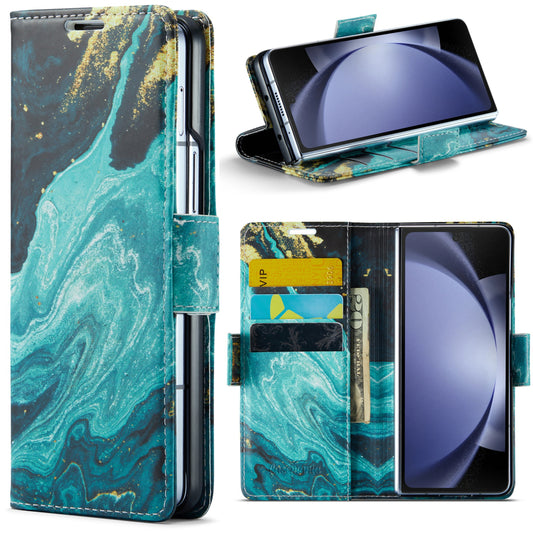 Samsung Galaxy Z Fold 5 Hoesje - Blue Aquamarine - Marmer Portemonnee Bookcase