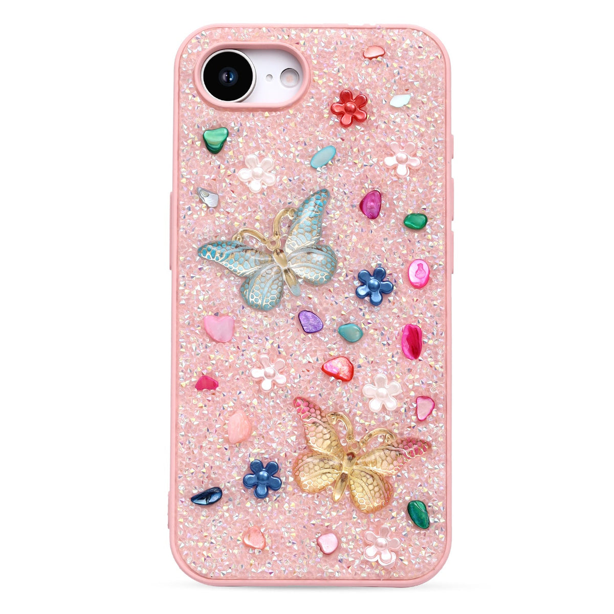 iPhone 16e Hoesje - Roze - Vlinder Diamant Glitter Back Cover