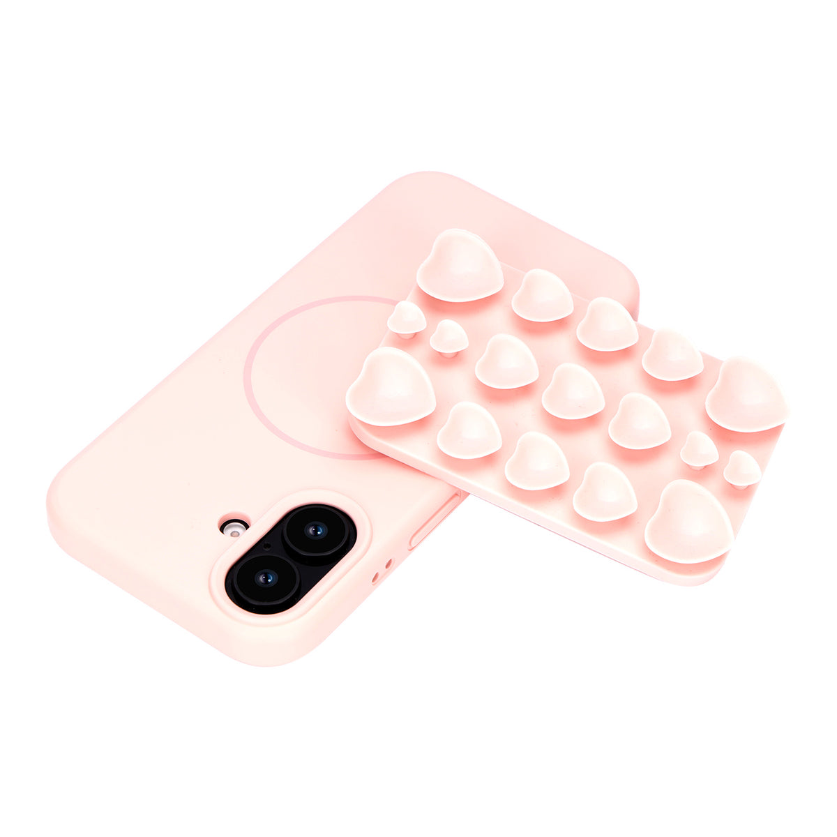 Apple iPhone 16 Hoesje - Licht Roze - Siliconen Back Cover met Afneembare Hartjes Zuignappen