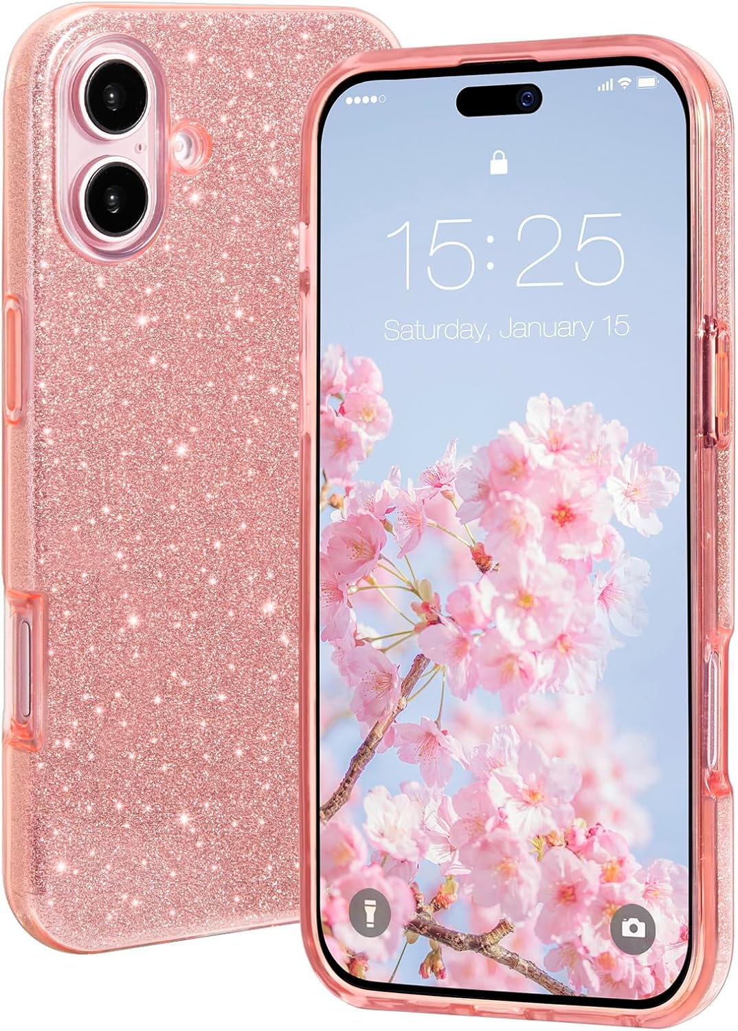 iPhone 16 Hoesje - Roze - Glitter Back Cover