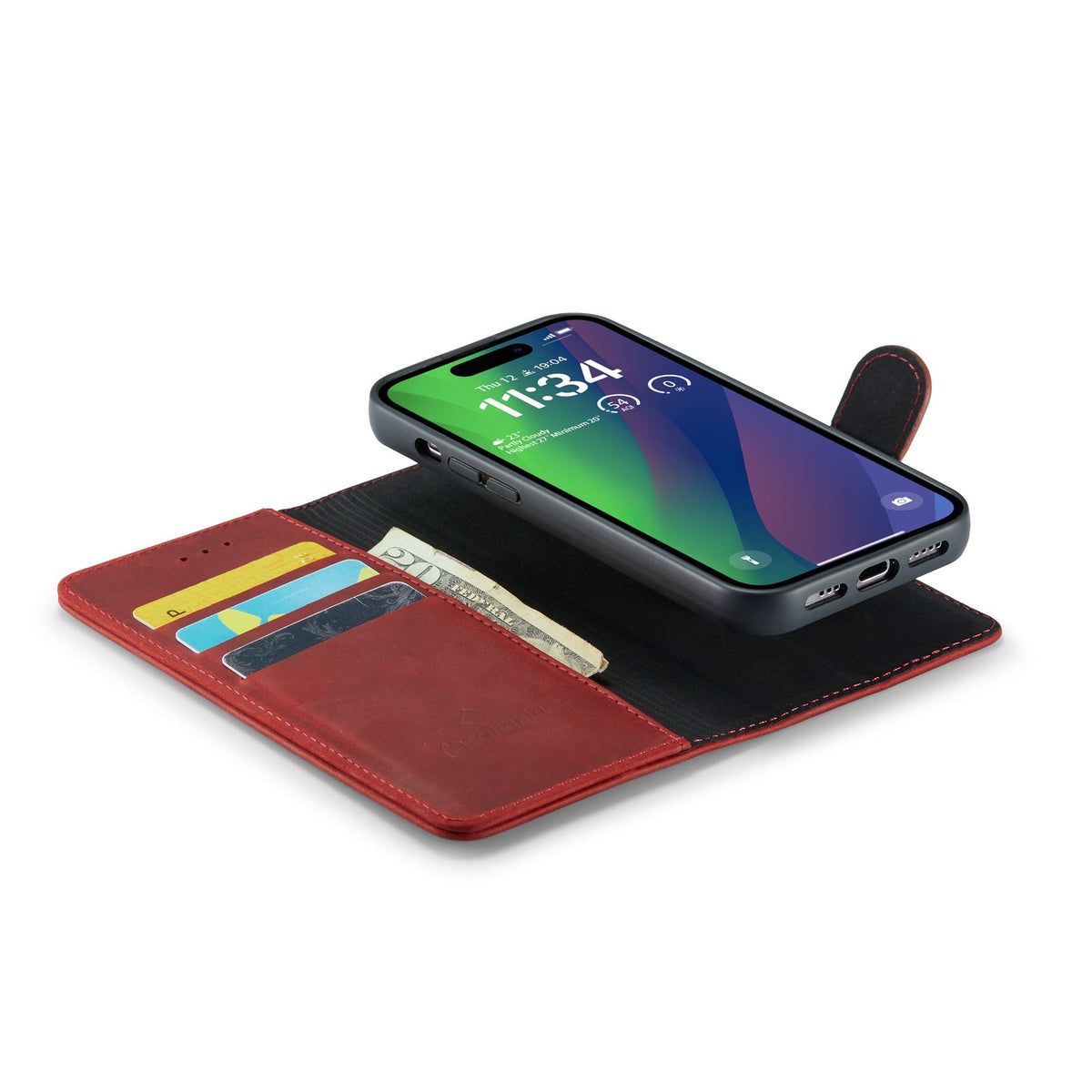 Apple iPhone 15 Plus Hülle - Crimson Red - Echtleder-2-in-1-MagSafe-Klapphülle mit Kartenfach