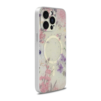 Apple iPhone 15 Pro Hoesje - Roze - Bloemen Glitter MagSafe Back Cover