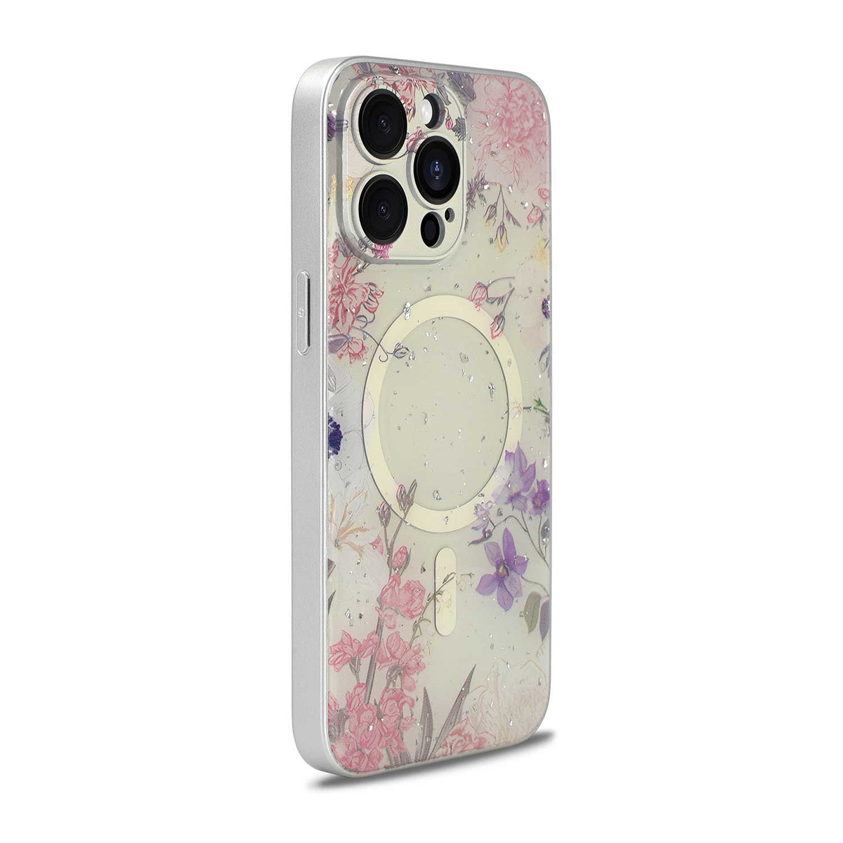 Apple iPhone 14 Pro Max Hoesje - Roze - Bloemen Glitter MagSafe Back Cover