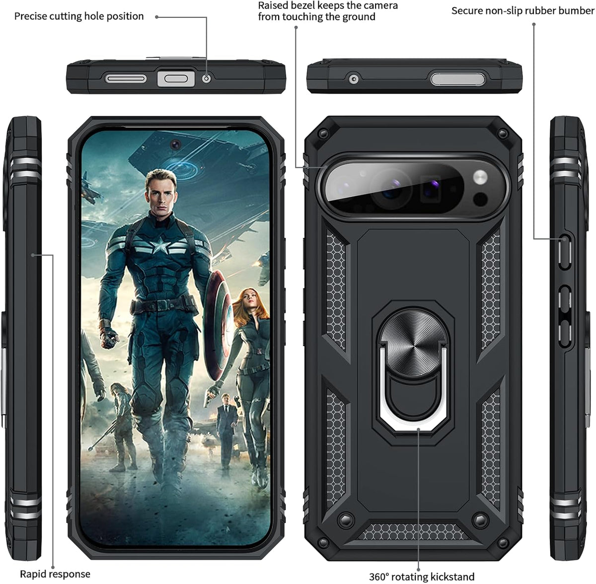 Google Pixel 9 Pro Case - Black - Armor Kickstand Back Cover