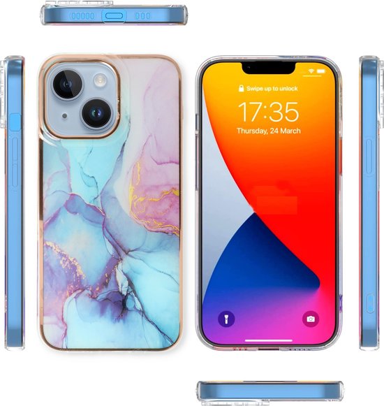 iPhone 13 Hoesje - Blauw - Siliconen Marmer Back Cover