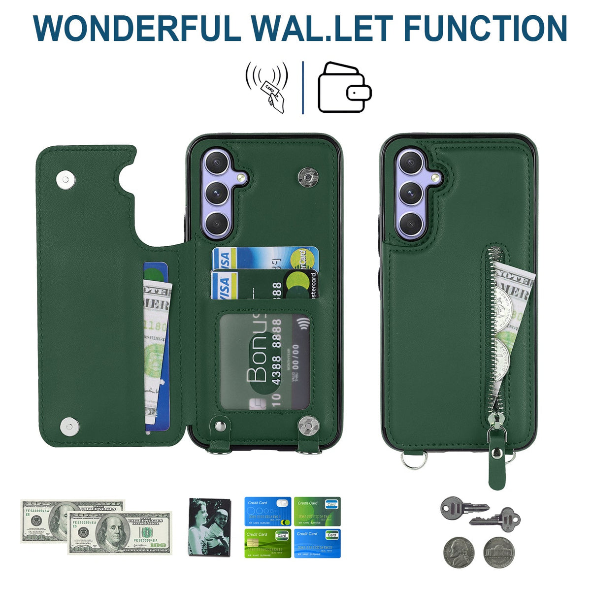 Samsung Galaxy A15 Hoesje - Groen - Luxe Back Cover met Telefoonkoord en Rits