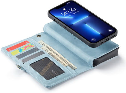 Apple iPhone 13 Mini Case - Aqua Blue - Luxury 2-in-1 Wallet Case with 10 Card Slots and Wrist Strap