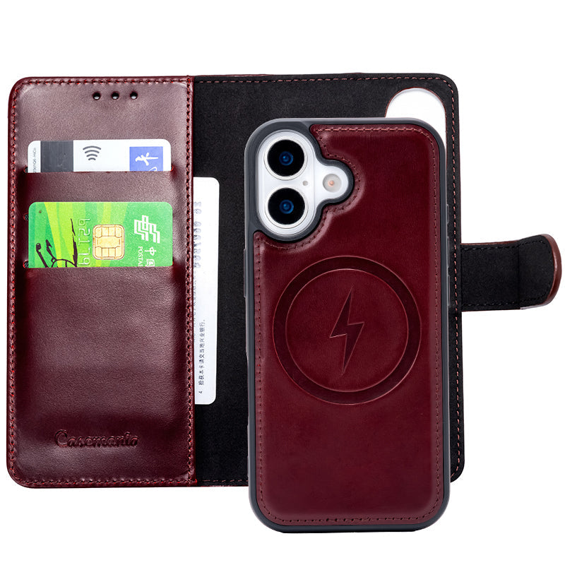 Apple iPhone 17 Hülle - Burgundy Red - Echtleder MagSafe Klapphülle mit Kartenfach