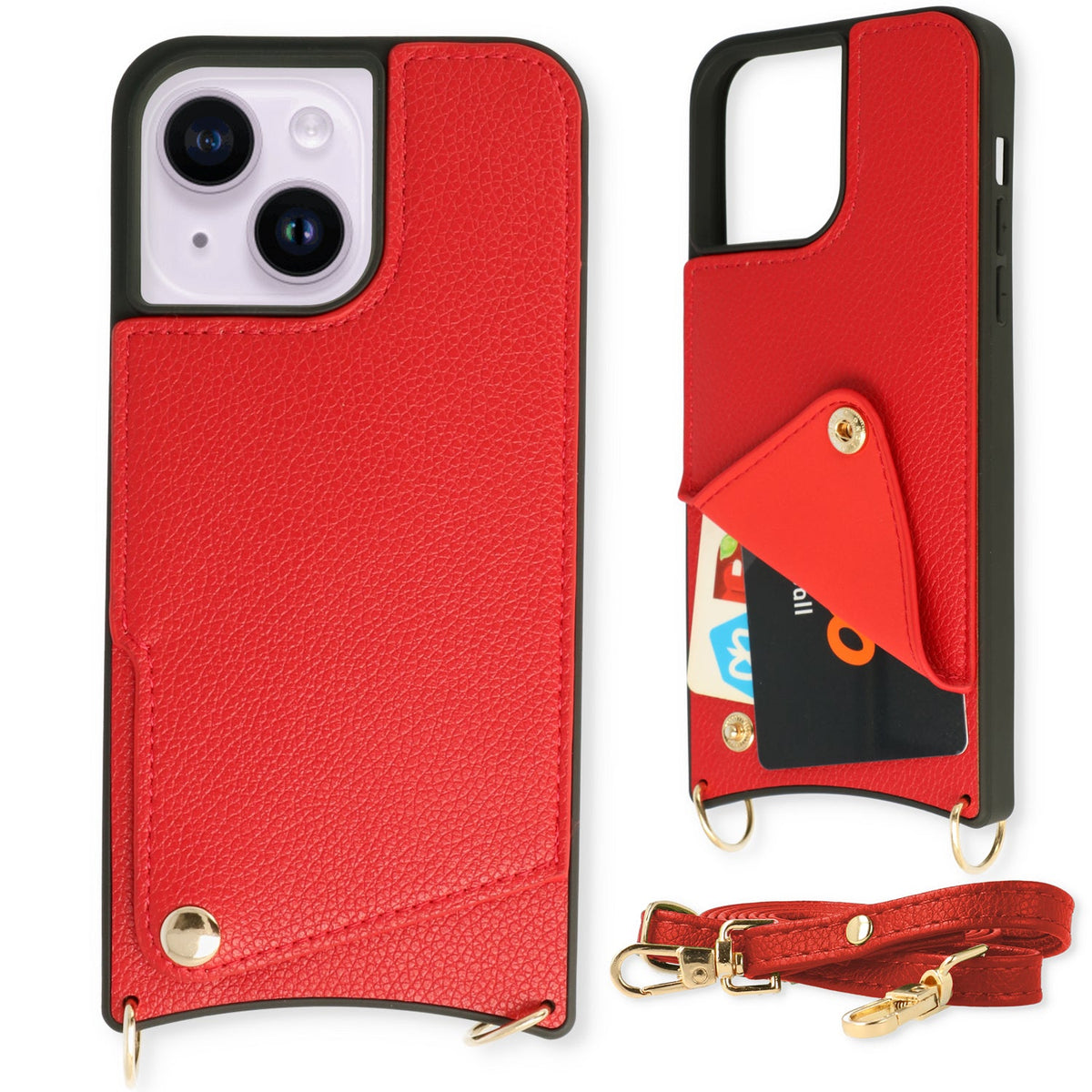 Apple iPhone 13 Hoesje - Rood - Back Cover met Pols Bandje en Telefoonkoord