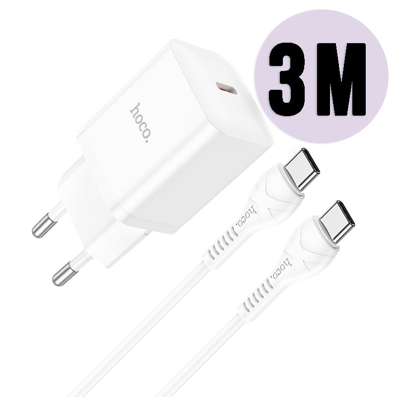 Chargeur rapide USB-C Hoco 20W avec câble USB-C 3 m - Blanc