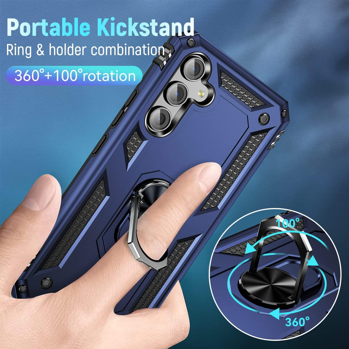 Samsung Galaxy A15 Hoesje - Blauw - Hybride Armor Kickstand Back Cover met Magneetring