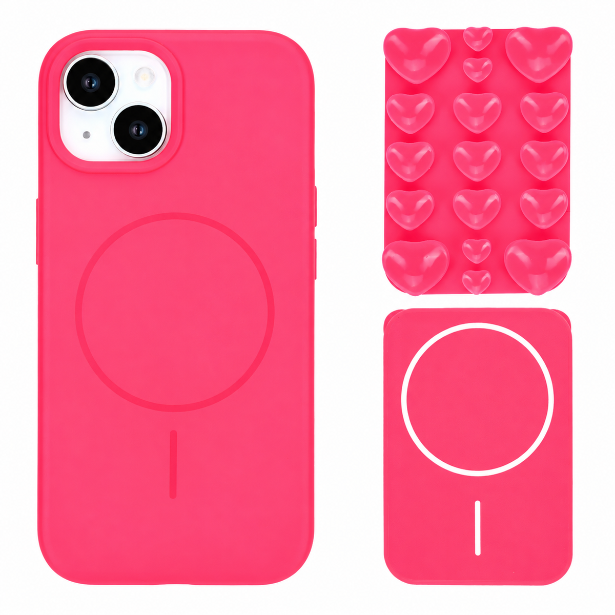 Apple iPhone 15 Hoesje - Neon Roze - Siliconen Back Cover met Afneembare Hartjes Zuignappen