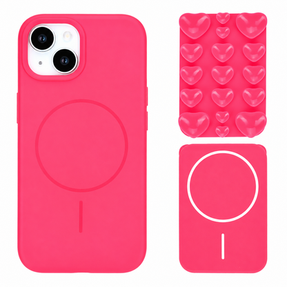 Apple iPhone 13 Hoesje - Neon Roze - Siliconen Back Cover met Afneembare Hartjes Zuignappen