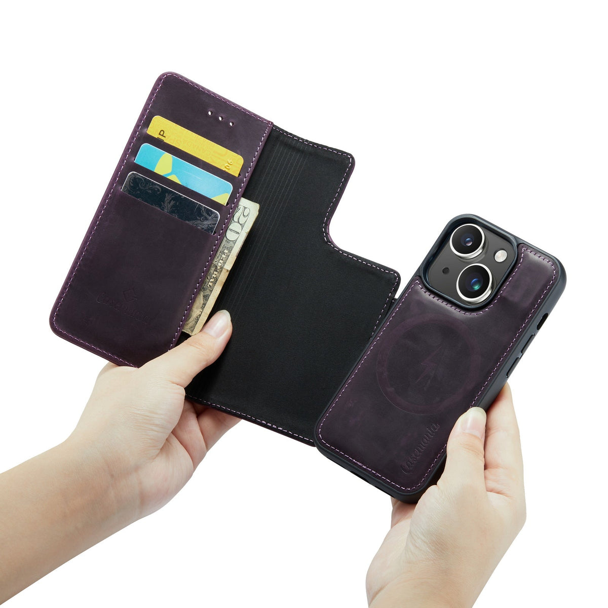 Apple iPhone 15 Plus Hoesje - Dark Purple - Echt Leren 2 in 1 MagSafe Bookcase