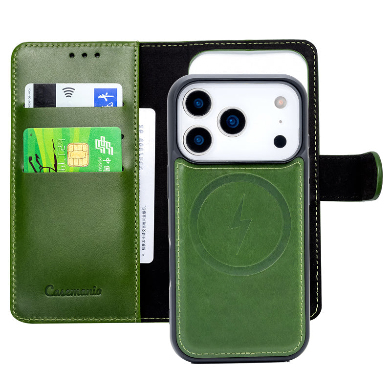 Apple iPhone 17 Pro Max Hoesje - Olive Green - Echt Leren MagSafe Bookcase