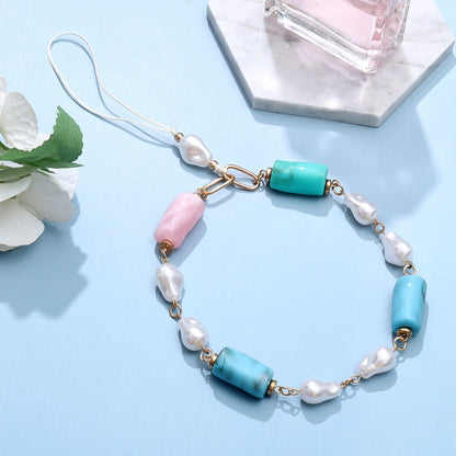 Casemania Universele Telefoonketting - Pastel Kleuren - Wristlet Charm Strap - Acryl Polsband met Parels en Marmer Kralen - Stevige Mobiele Armband