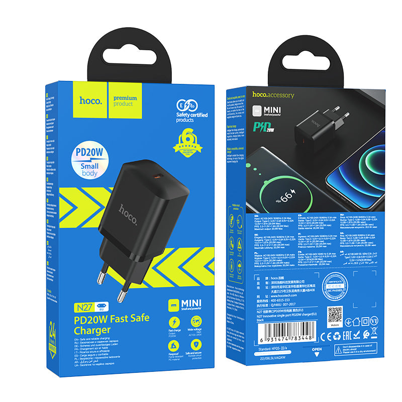 Hoco 20W USB-C Schnellladegerät mit USB-C-Kabel 1m - Schwarz