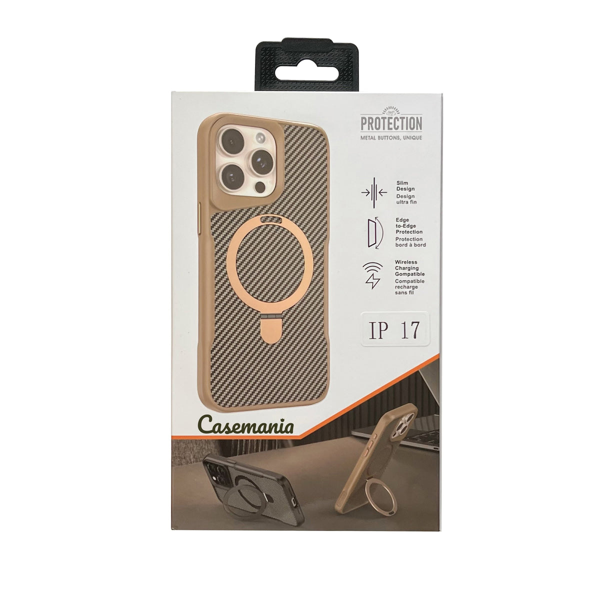 Apple iPhone 18 Pro Hoesje - Goud - Carbon MagSafe Back Cover met Ringstand