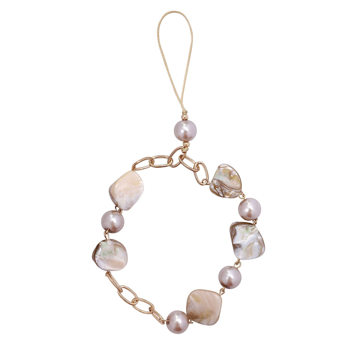Casemania Universele Telefoonketting - Goudkleurige Schakels & Parelkralen - Polsbandje met Parels - Wristlet Charm Strap - Stevige Mobiele Armband