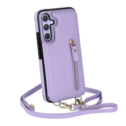 Samsung Galaxy A55 Case - Purple - Luxury Back Cover with Phone Strap and Zipper